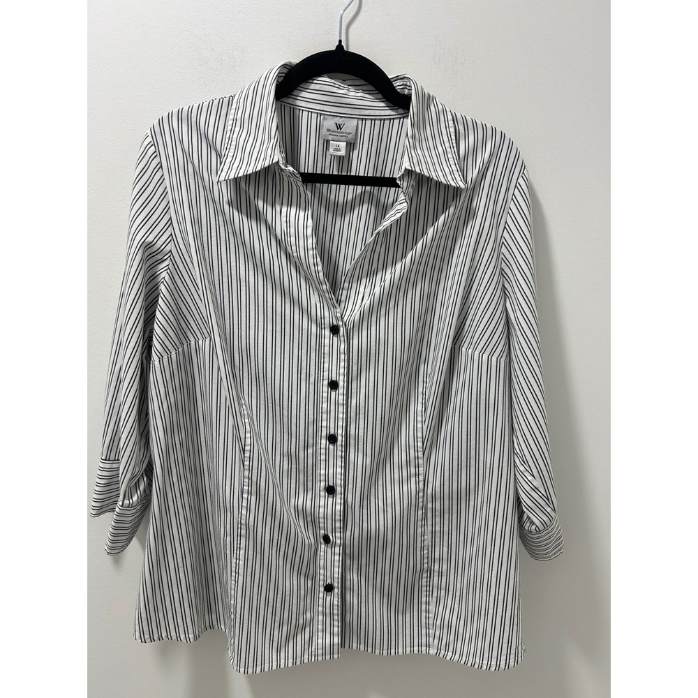 Worthington Woman Stretch Button Down Shirt 1X White Black Striped 3/4 Sleeve